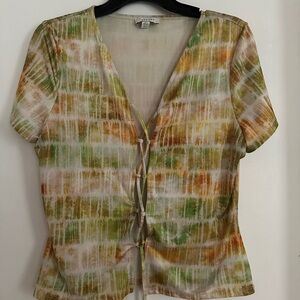Green and Orange Tie Front Short Sleeve Blouse